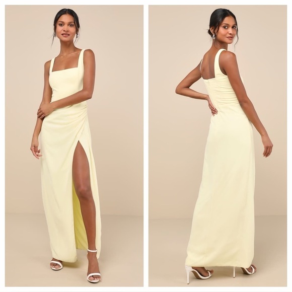 Lulus Dresses & Skirts - Lulus Glamorous Disposition Light Yellow Ruched Maxi Dress